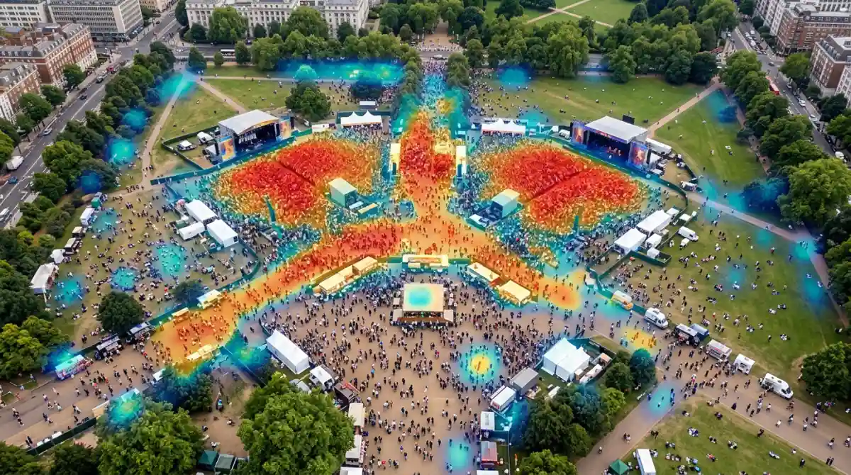 Aerial view of a public gathering with a translucent heatmap overlay showing crowd density from low to high concentration areas