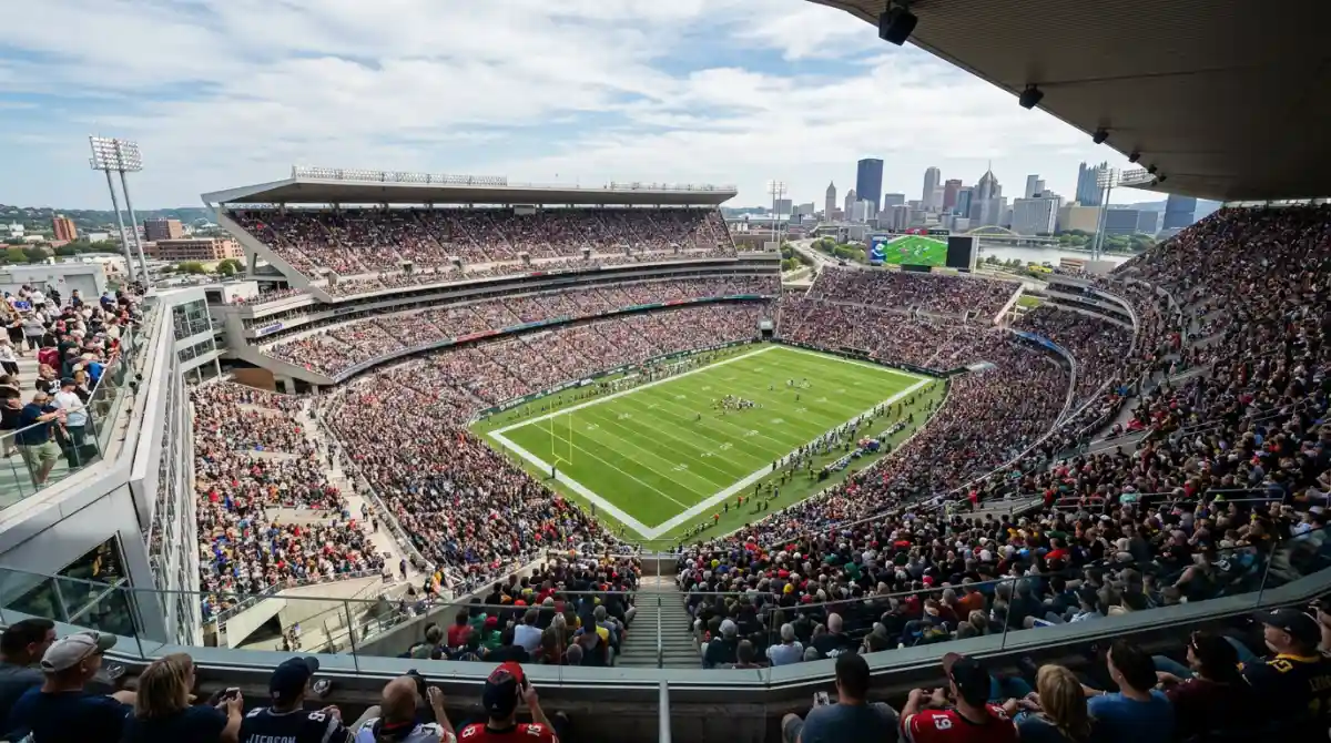 Stadium seating sections filled with spectators, viewed from a high vantage point showing distinct zones suitable for AI density analysis