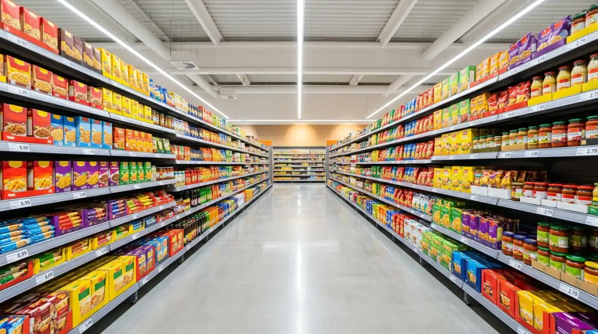 A well-stocked retail shelf showing rows of organized products, representing the ideal state that AI shelf audits help maintain