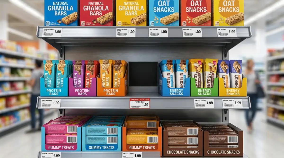 A retail shelf with a visible gap where products are out of stock, showing the type of stockout that AI detection catches instantly