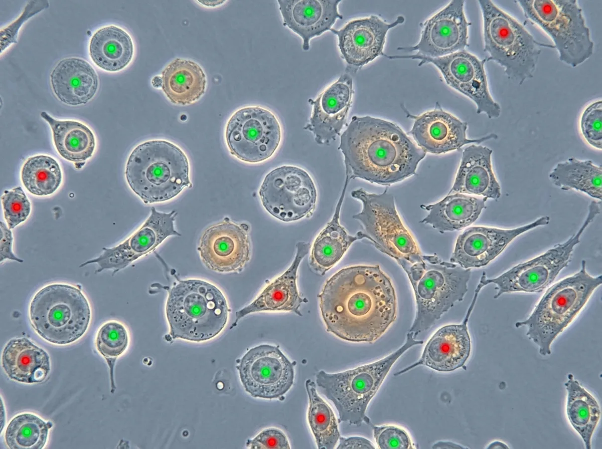 Microscope image of cells with AI detection overlay showing colored markers on each identified cell