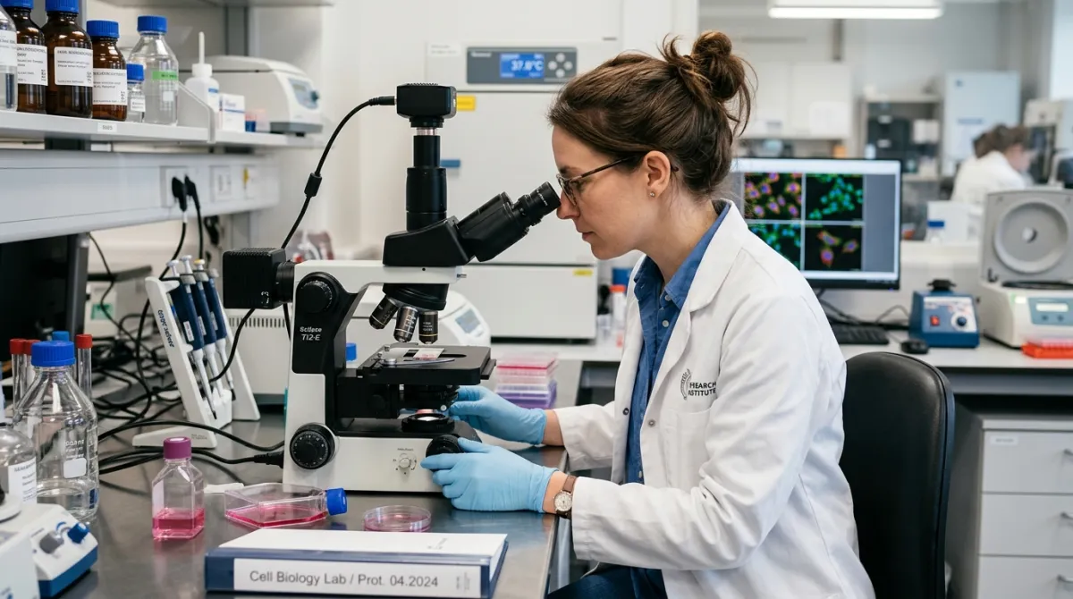 Researcher looking through a microscope at a cell culture slide in a biology laboratory