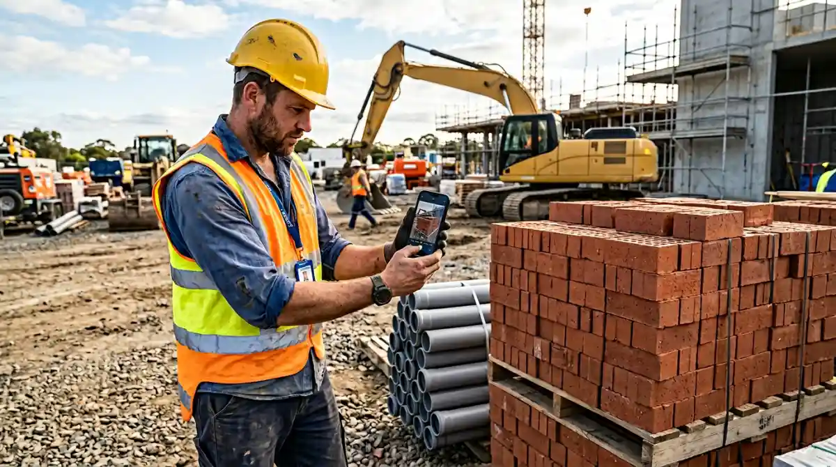 Construction worker holding a smartphone to photograph a stack of materials on site, showing the simple point-and-count workflow