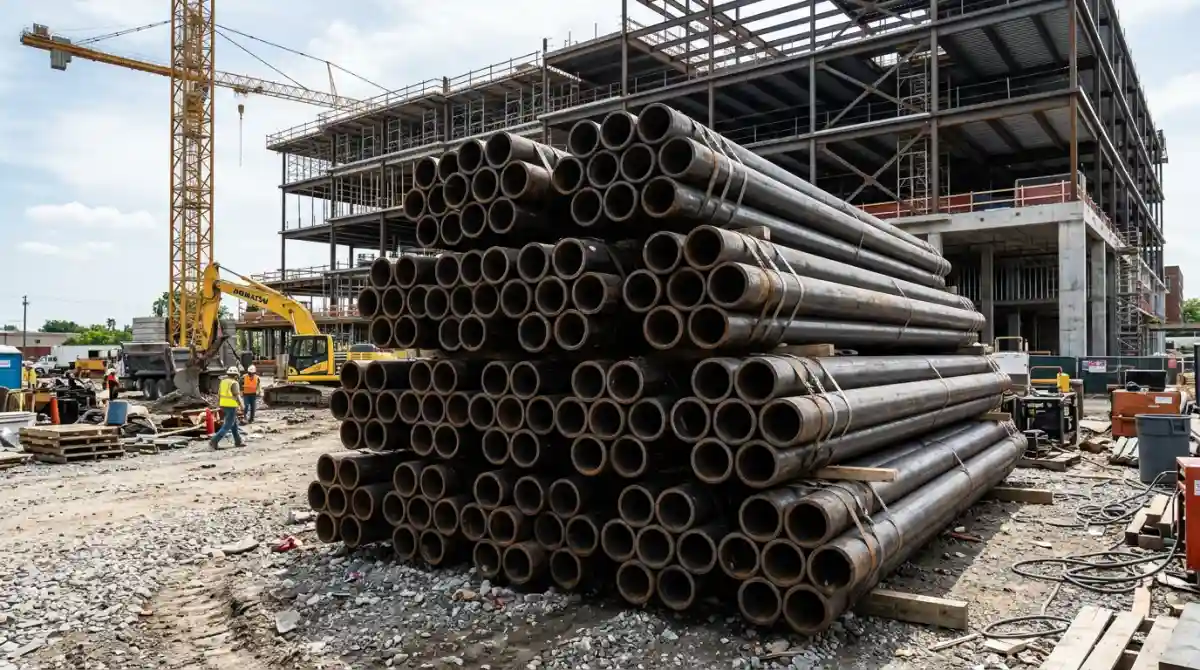 Large stack of steel pipes bundled together at a construction site, showing the scale and density typical of material deliveries