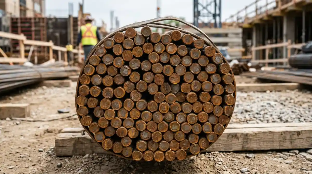 Close-up view of rebar bar ends in a bundle at a construction site, showing the circular cross-sections that AI uses to count individual bars