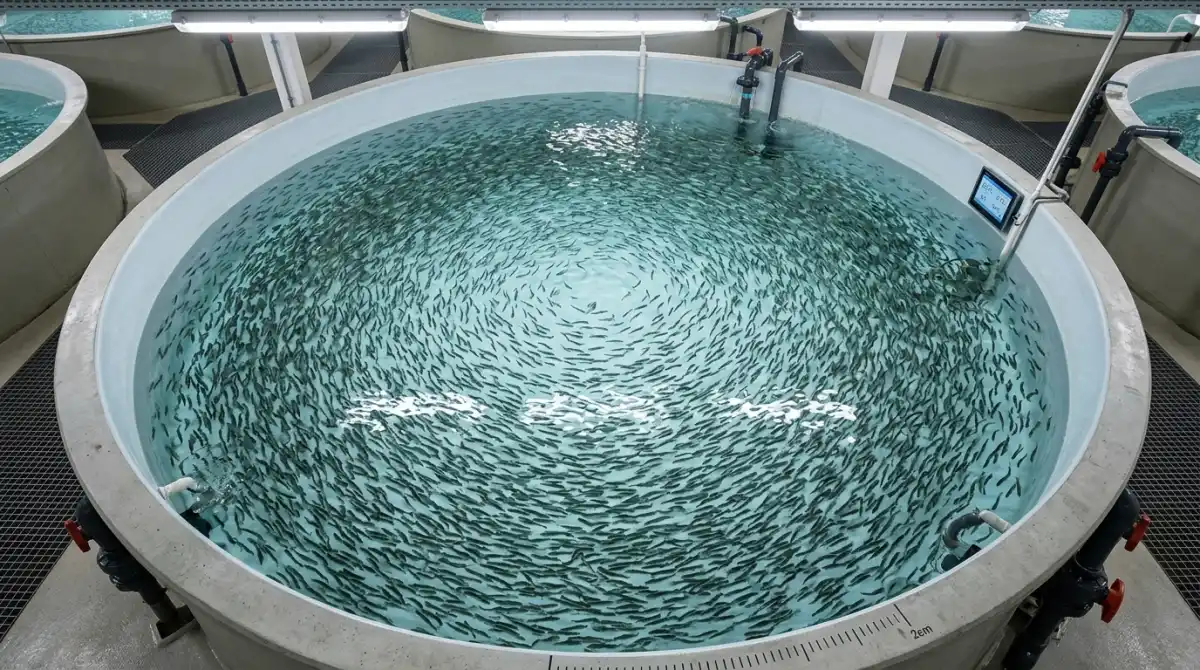 Thousands of small fish fry swimming in a hatchery tank, showing the dense concentration that makes manual counting impractical