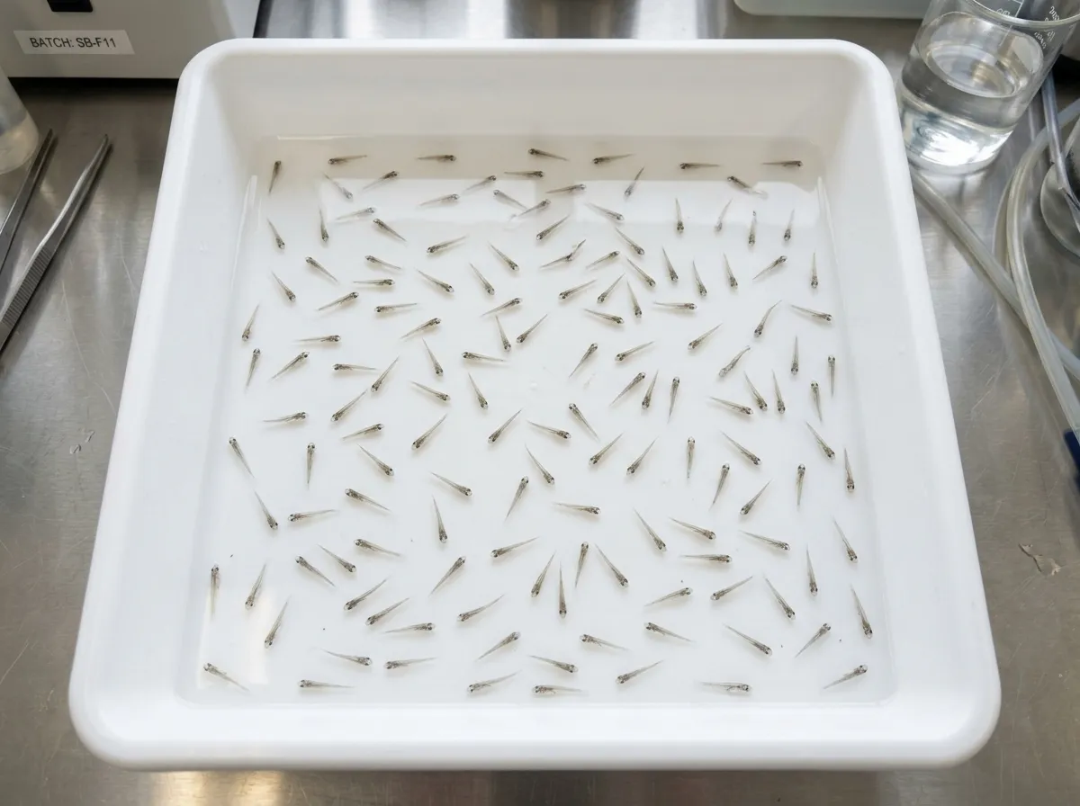 Overhead view of fish fry spread in a shallow white tray for photo-based AI counting, showing clear separation between individual fish