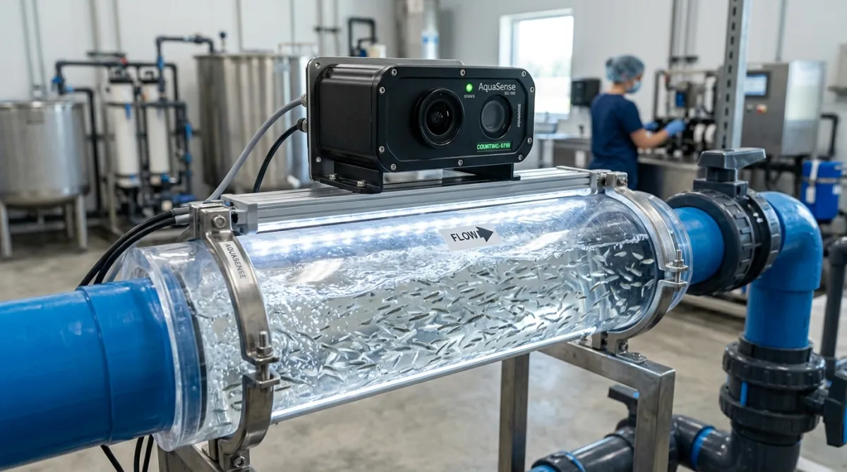 A non-contact optical fish counting channel where fry pass through a transparent pipe past a camera sensor for automated counting