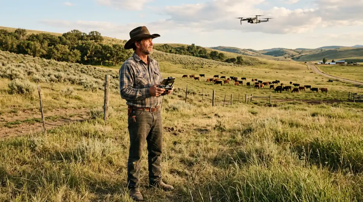 Rancher standing in an open pasture holding a drone controller with cattle grazing in the background, showing the practical simplicity of drone-based livestock counting