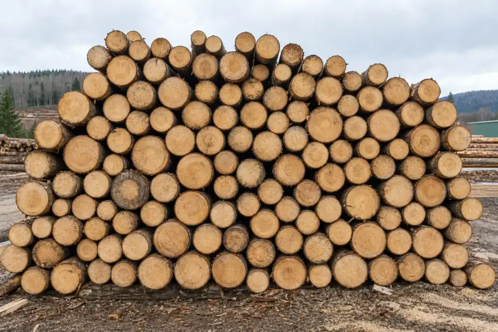 A large timber yard stack showing many visible log ends arranged for AI log counting