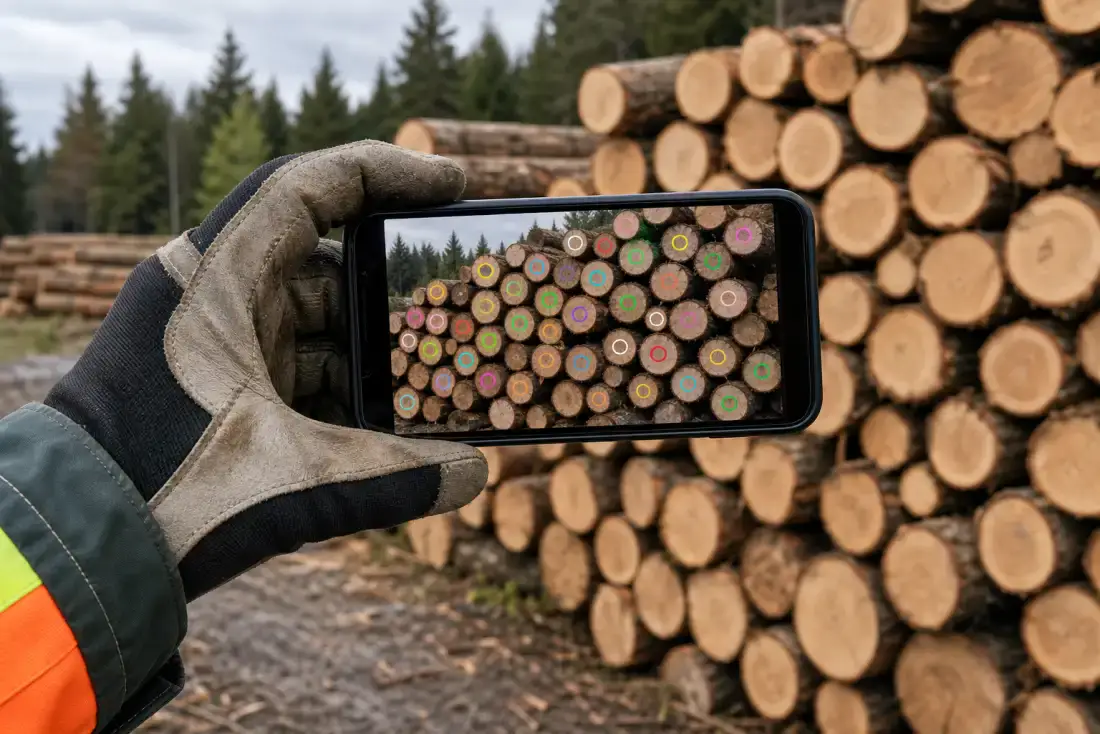 A worker using a smartphone to photograph log ends with AI counting markers on the screen