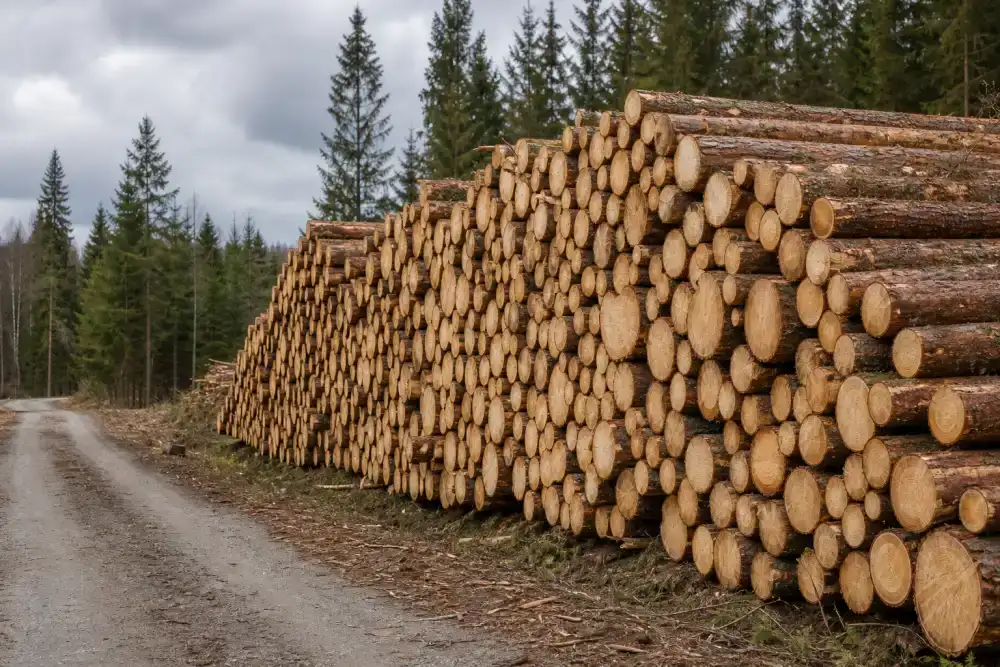 A roadside forestry timber pile with log ends visible for photo-based AI counting