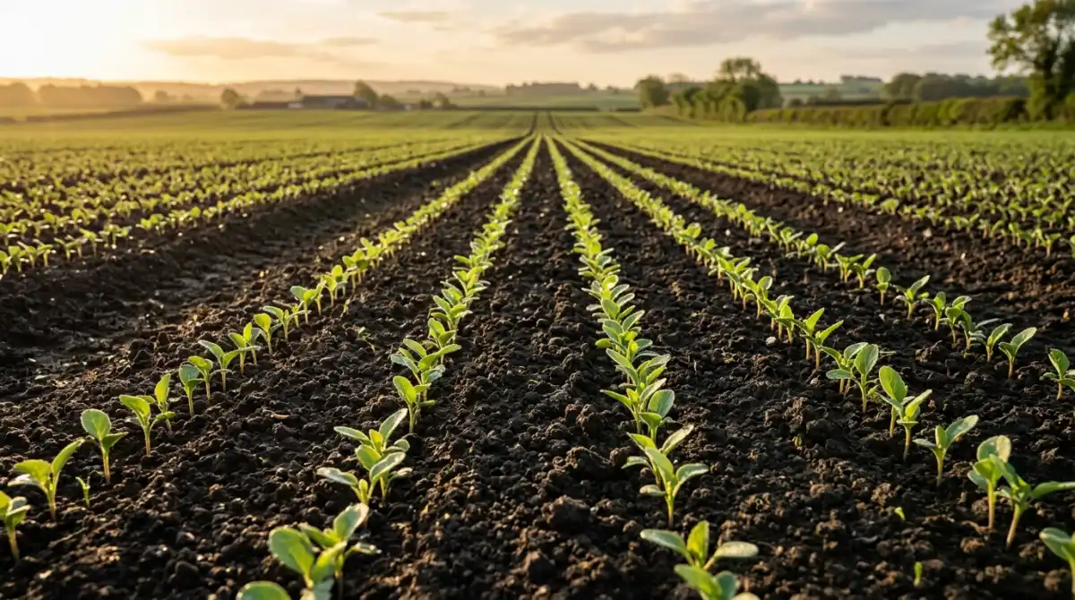 Young crop seedlings emerging in field rows, photographed from a low angle showing the regular spacing pattern that AI uses for stand counting