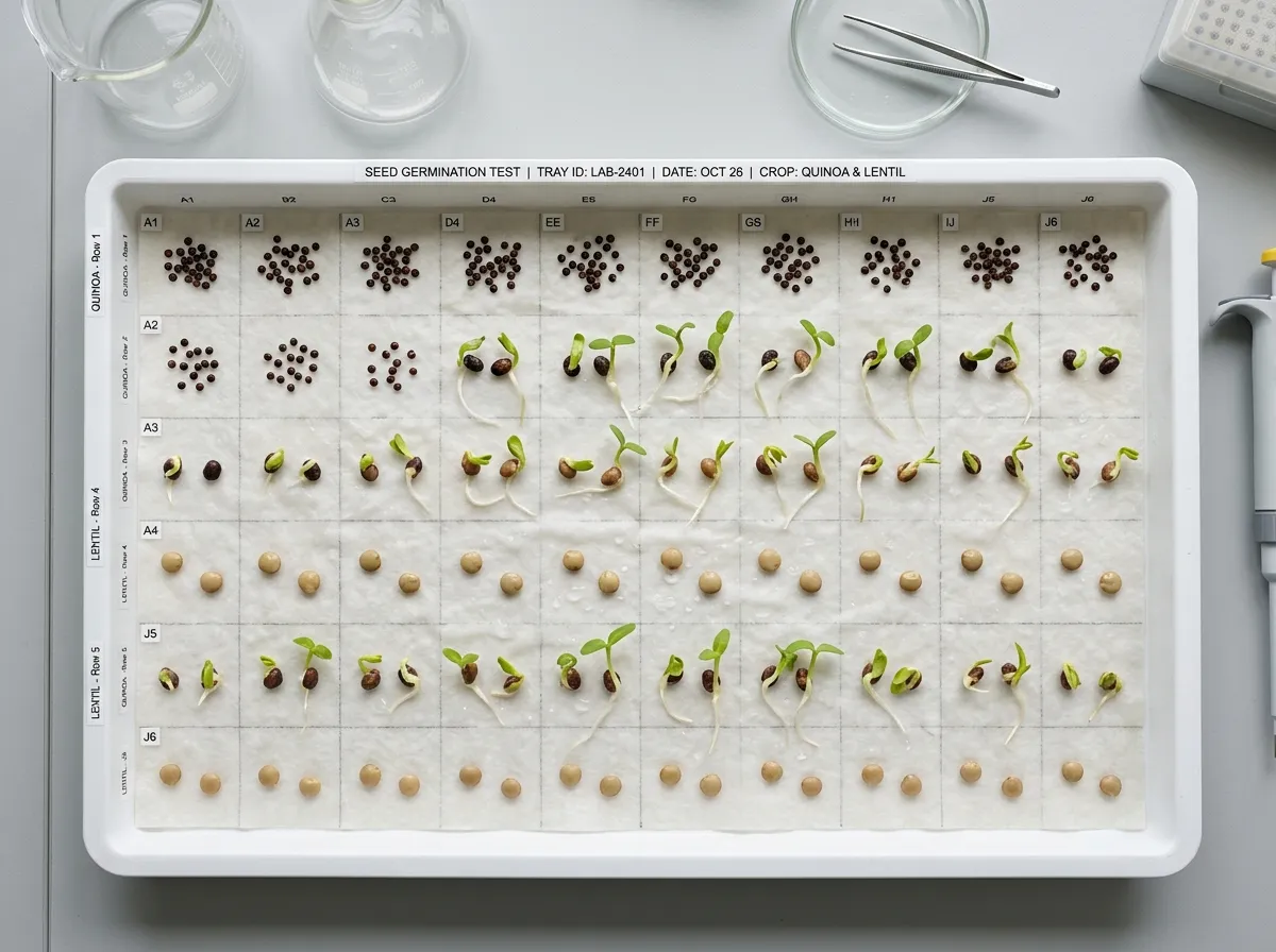 A germination tray showing rows of seeds at various stages of sprouting, the type of image AI analyzes for germination rate assessment