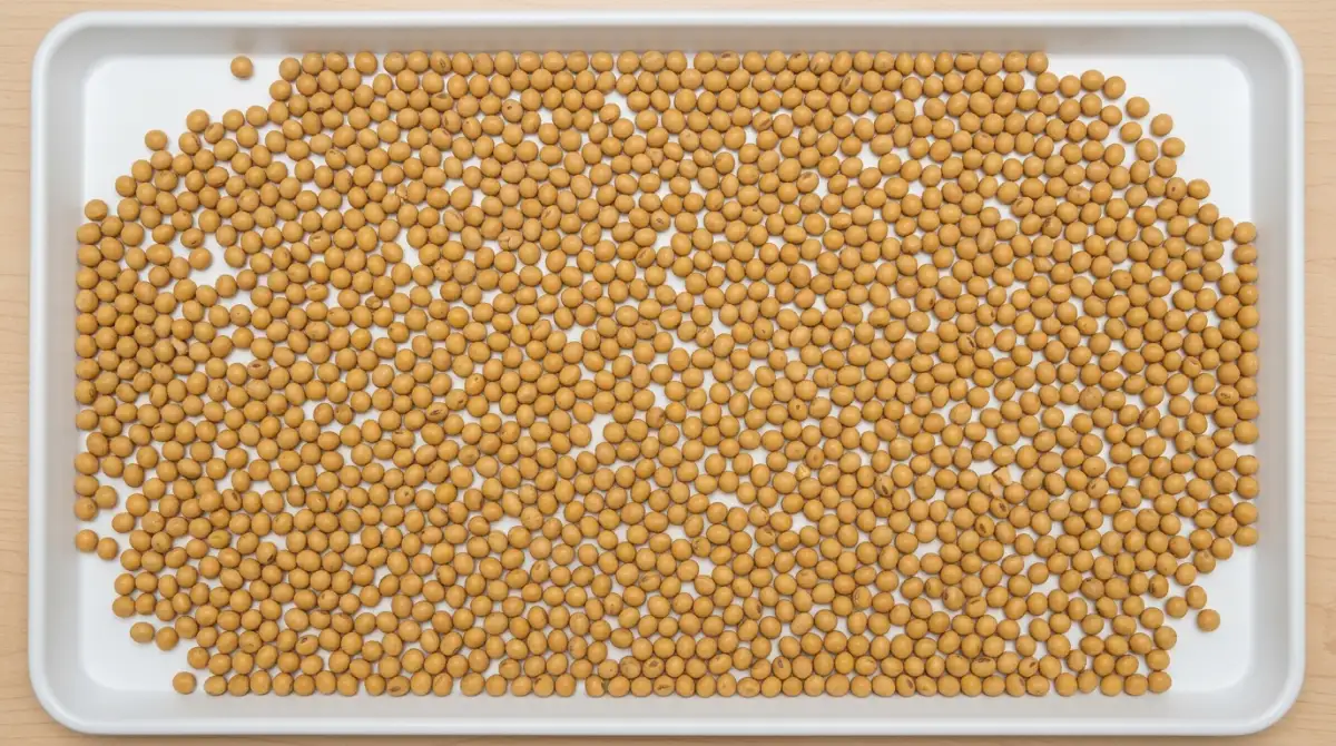 Overhead view of seeds spread on a white tray for counting, showing the type of setup used for AI-powered seed counting