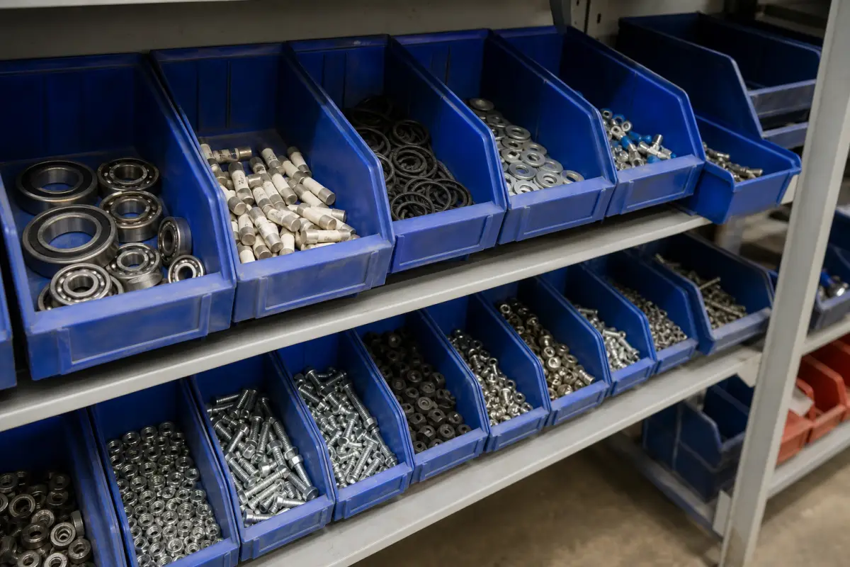 Organized maintenance parts bins with small hardware components ready for fast inventory checks