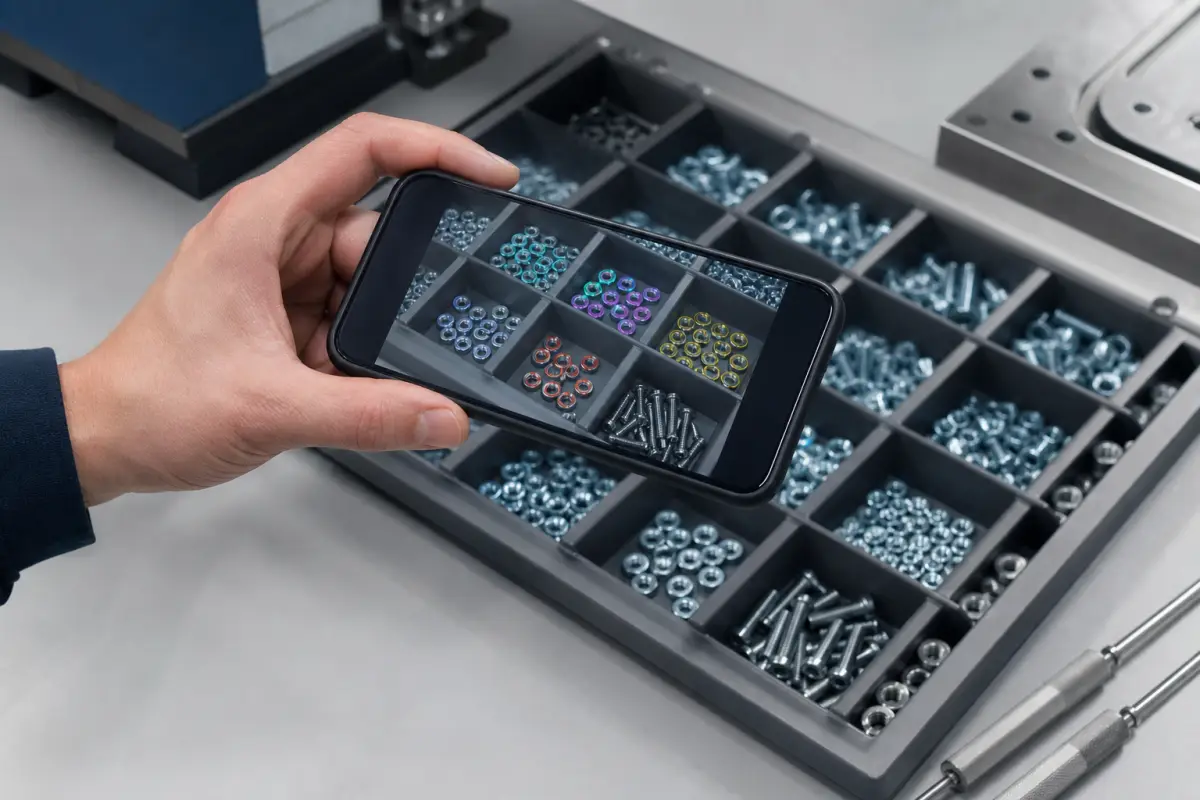 A smartphone photographing rows of small metal fasteners with AI counting markers on the screen