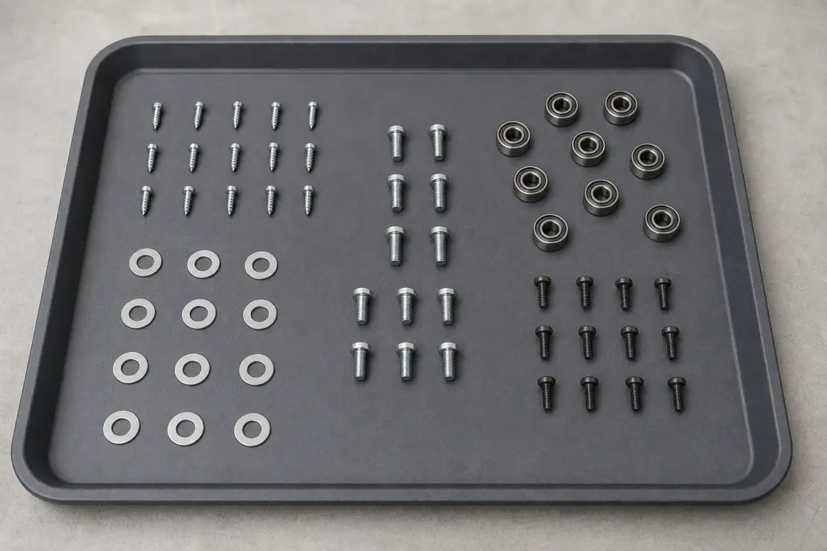 Overhead view of sorted screws, washers, and small bearings laid out in a tray for AI counting