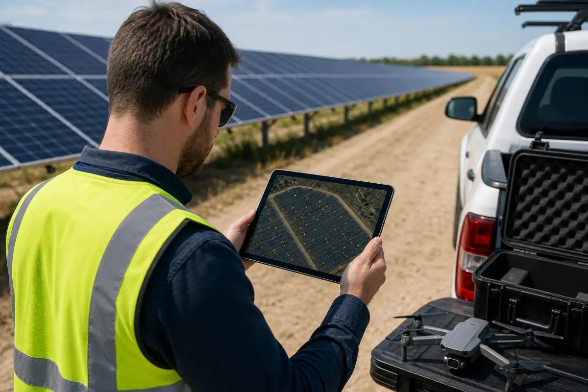 Solar technician reviewing drone imagery on a tablet beside a solar farm service road
