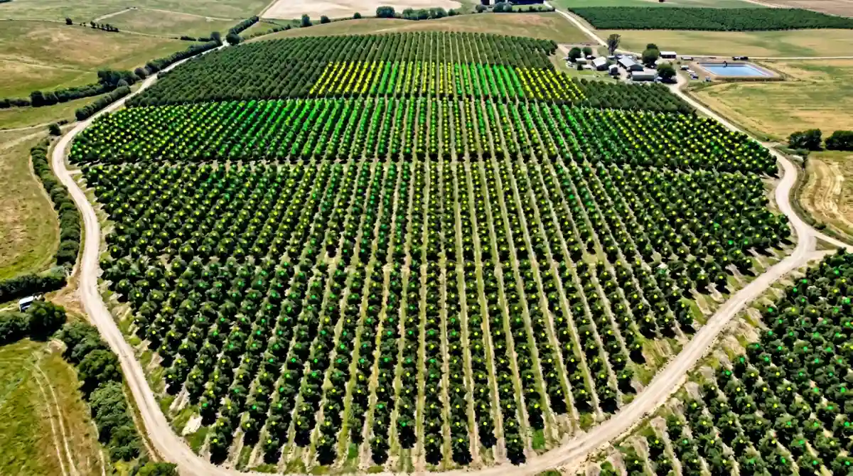 Aerial view of an orchard with AI detection markers on individual trees, showing how the model identifies each tree from above