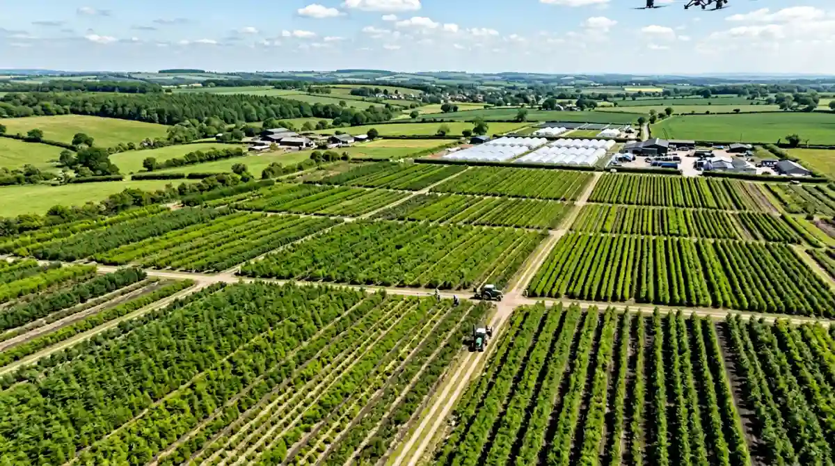 Drone flying over rows of young trees at a commercial nursery, capturing aerial images for inventory counting