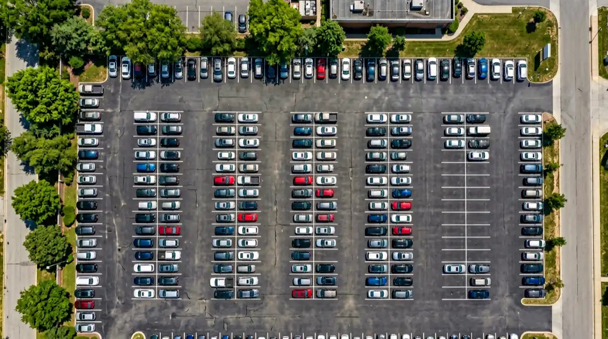 Aerial drone photo looking down at a large parking lot with rows of cars, showing how AI detection marks each vehicle for counting