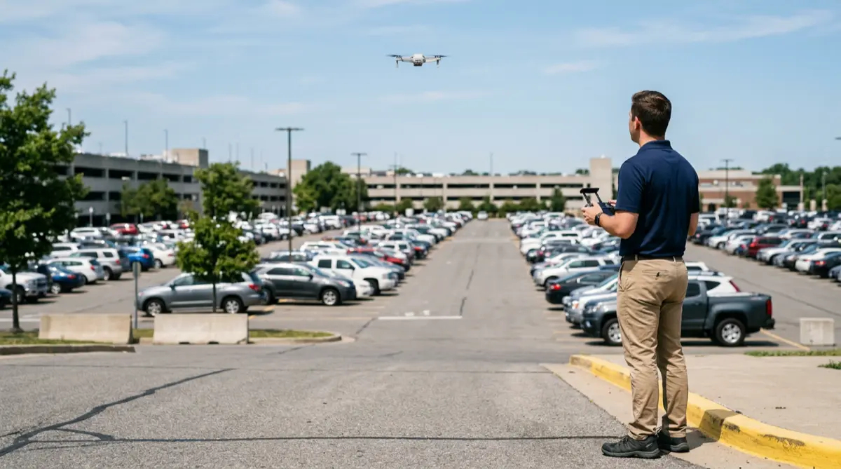 A drone operator standing at the edge of a large parking facility controlling a drone that flies above rows of parked vehicles during a parking survey