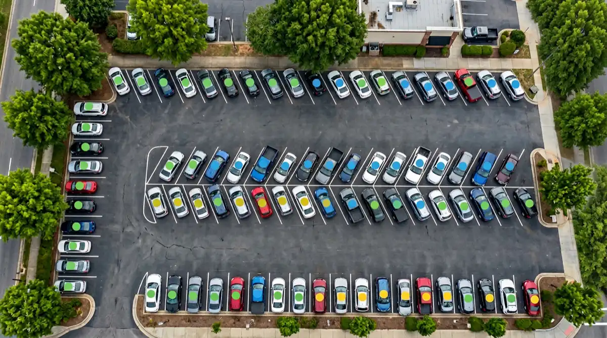 Drone photo of a parking lot with colored detection markers overlaid on each vehicle by the AI counting system, showing cars classified by type