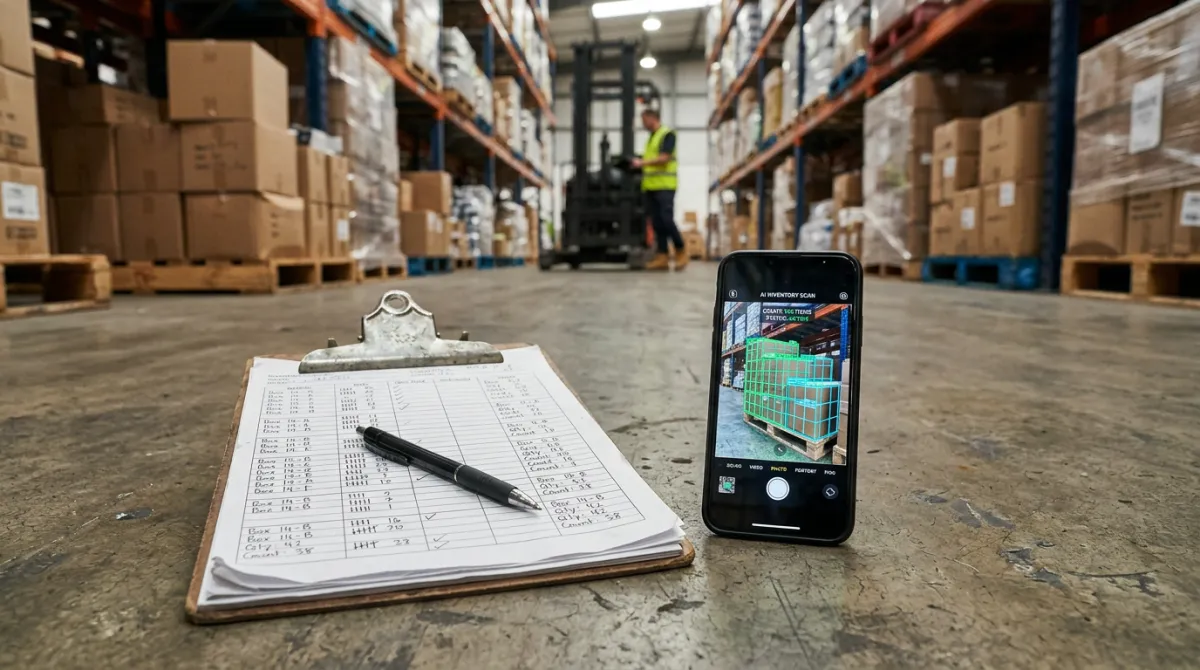 Comparison showing a traditional manual inventory count with clipboards versus a modern AI-assisted photo counting workflow in a warehouse