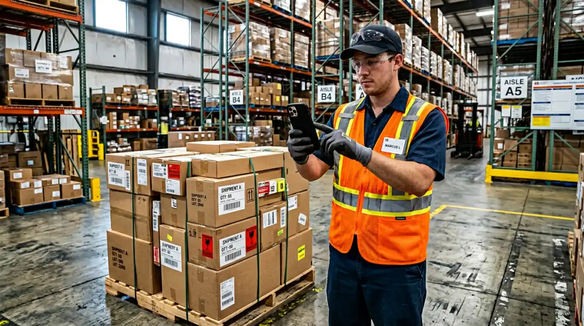 Worker holding a smartphone to photograph a stack of pallets in a warehouse, demonstrating the simple snap-and-count workflow
