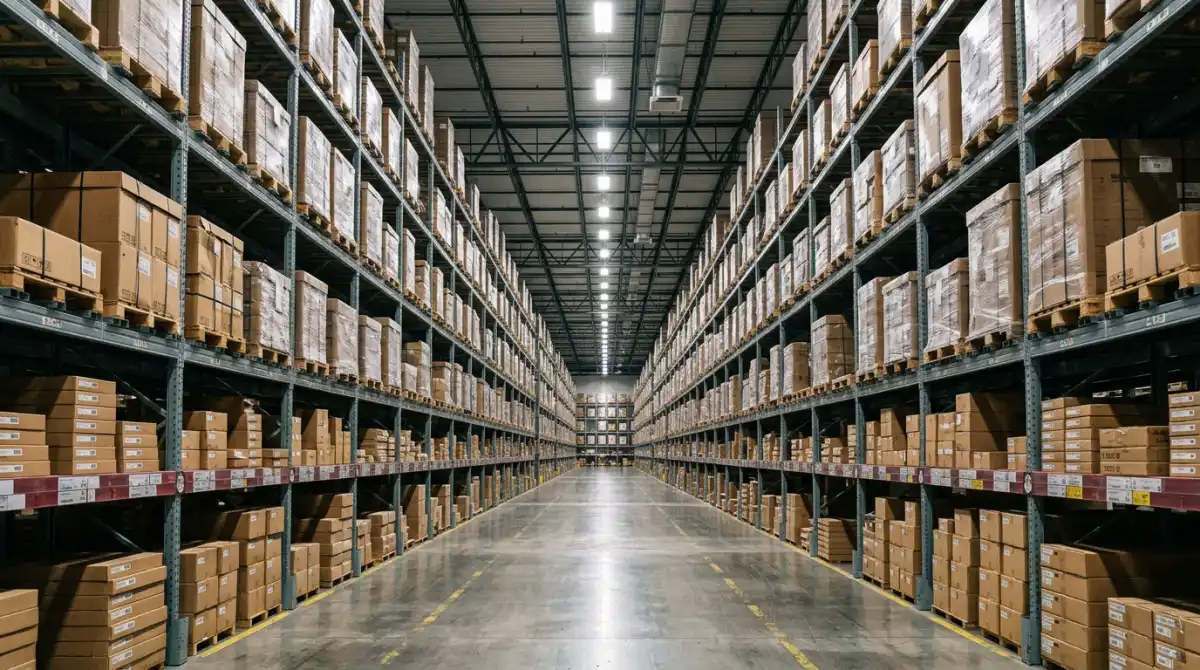 Long warehouse aisle with tall shelving racks stacked with pallets and boxes, showing the scale of a typical inventory counting challenge