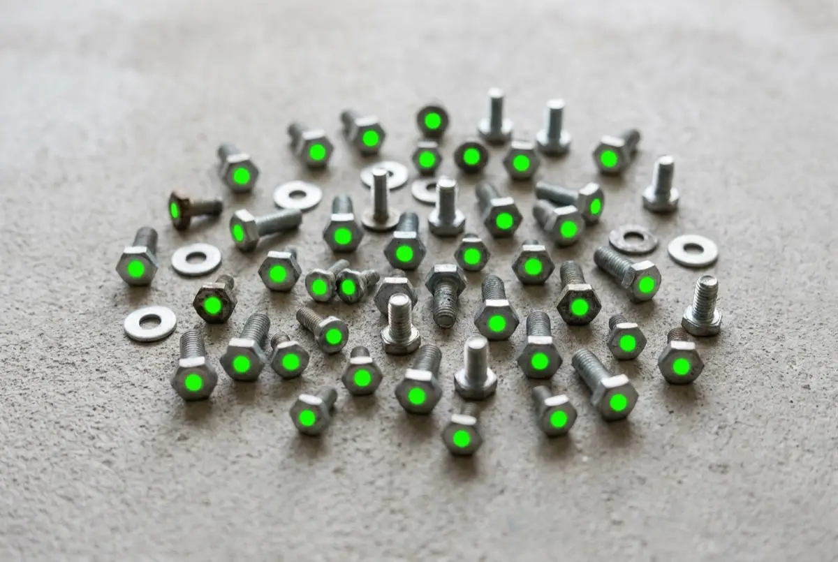 Metal bolts on a workbench with green AI detection markers on each one, showing how object counting overlays work