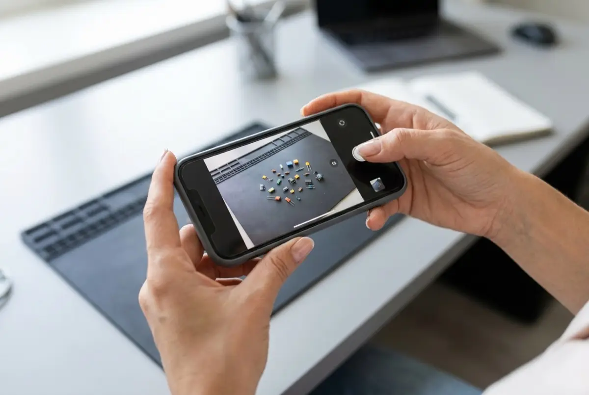 Person holding a smartphone to photograph small electronic components spread on a dark surface, showing how easy it is to count objects with a phone