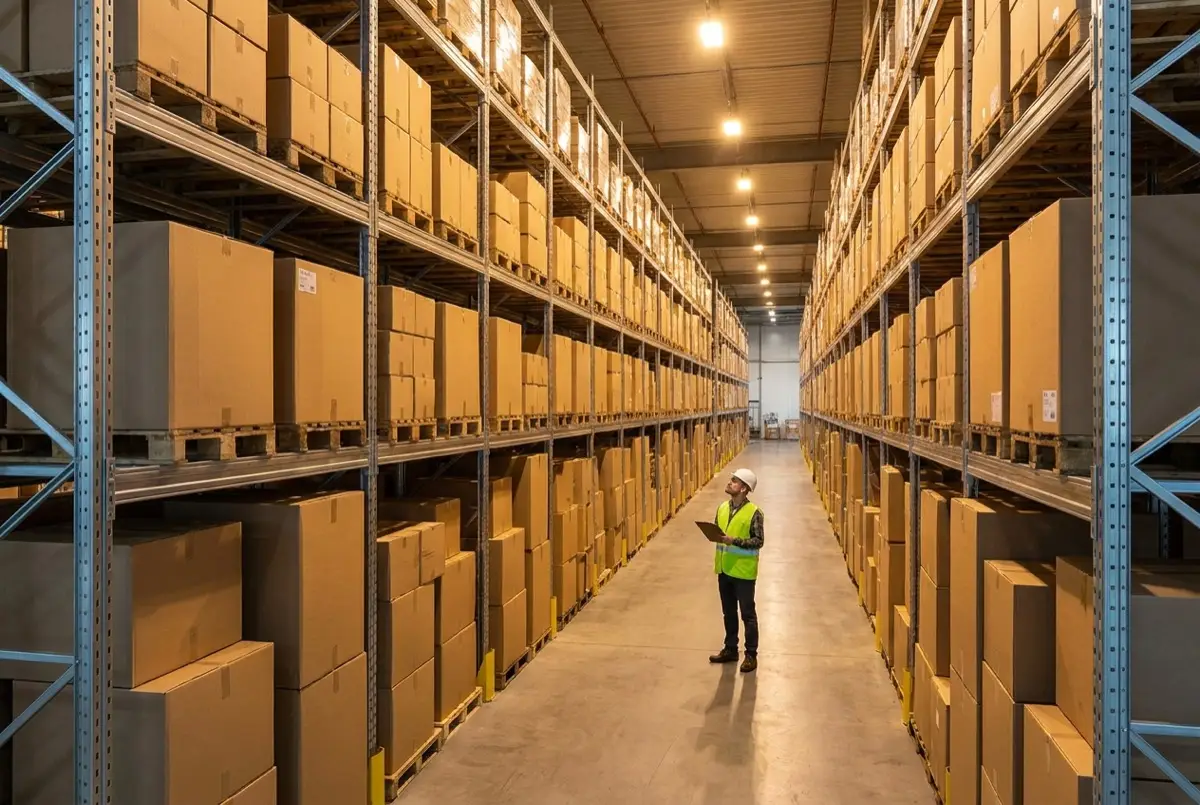 Warehouse worker in safety vest looking up at tall shelves stacked with hundreds of boxes, showing the scale of manual inventory counting