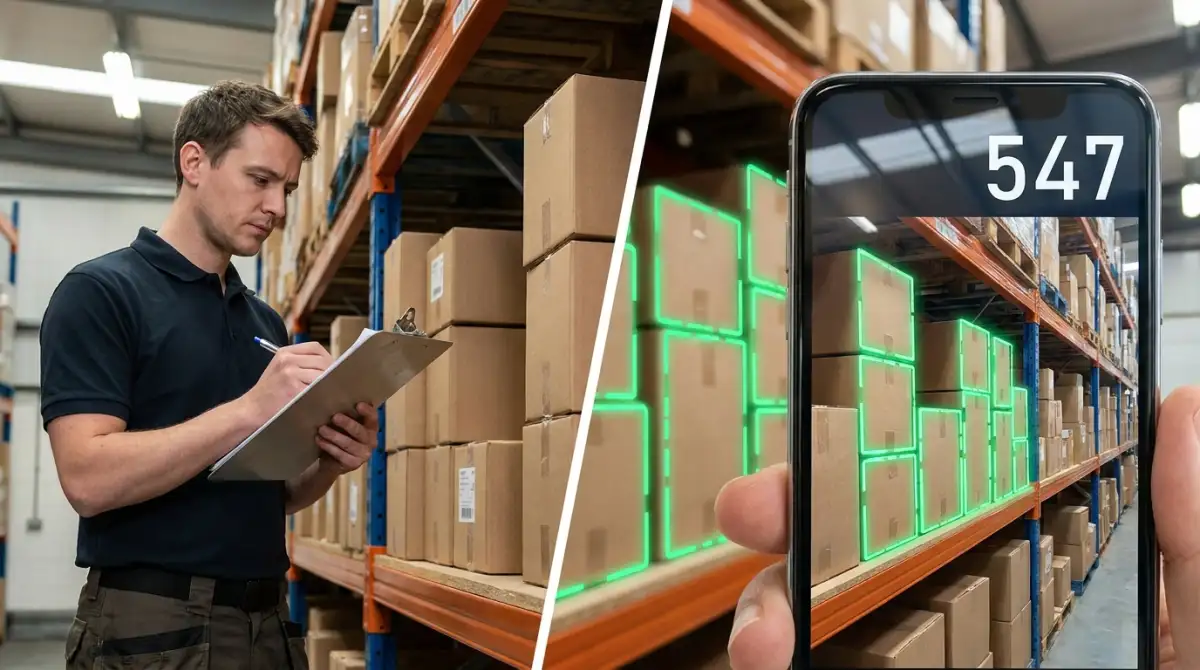 Split view comparing a person manually counting items on a clipboard with a phone screen showing instant AI counting results with detection markers