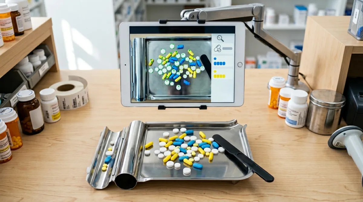 Tablet screen showing AI detection overlay with colored dots marking each pill on a pharmacy counting tray