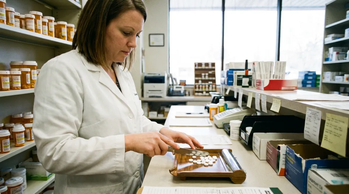 Pharmacy technician using a counting tray and spatula to manually count white tablets for a prescription