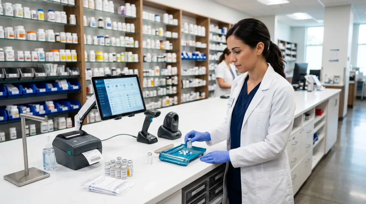 Modern pharmacy workstation with a tablet mounted above a pill counting tray, showing a streamlined digital dispensing workflow