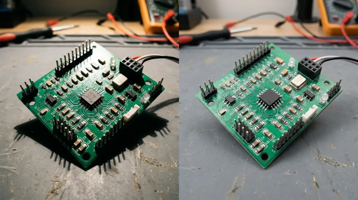 Two side-by-side photos of the same objects, one with harsh shadows from direct light and one with even diffused lighting showing how lighting affects visibility