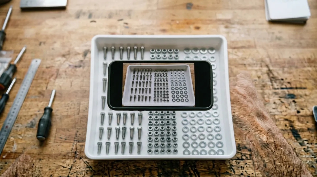 Smartphone held directly above a tray of small hardware parts, showing the ideal overhead angle for AI object counting