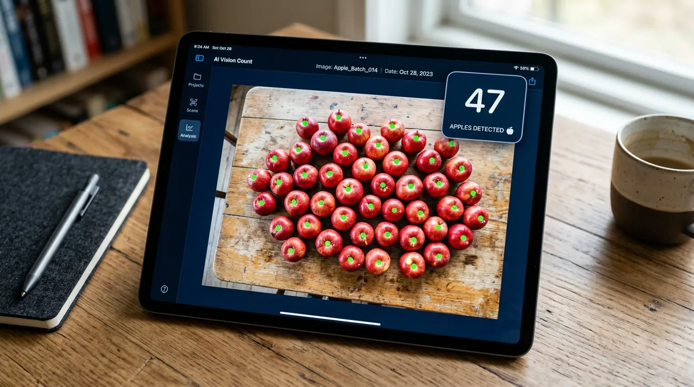Tablet screen showing an AI counting application with green detection dots overlaid on each apple, displaying a total count of 47
