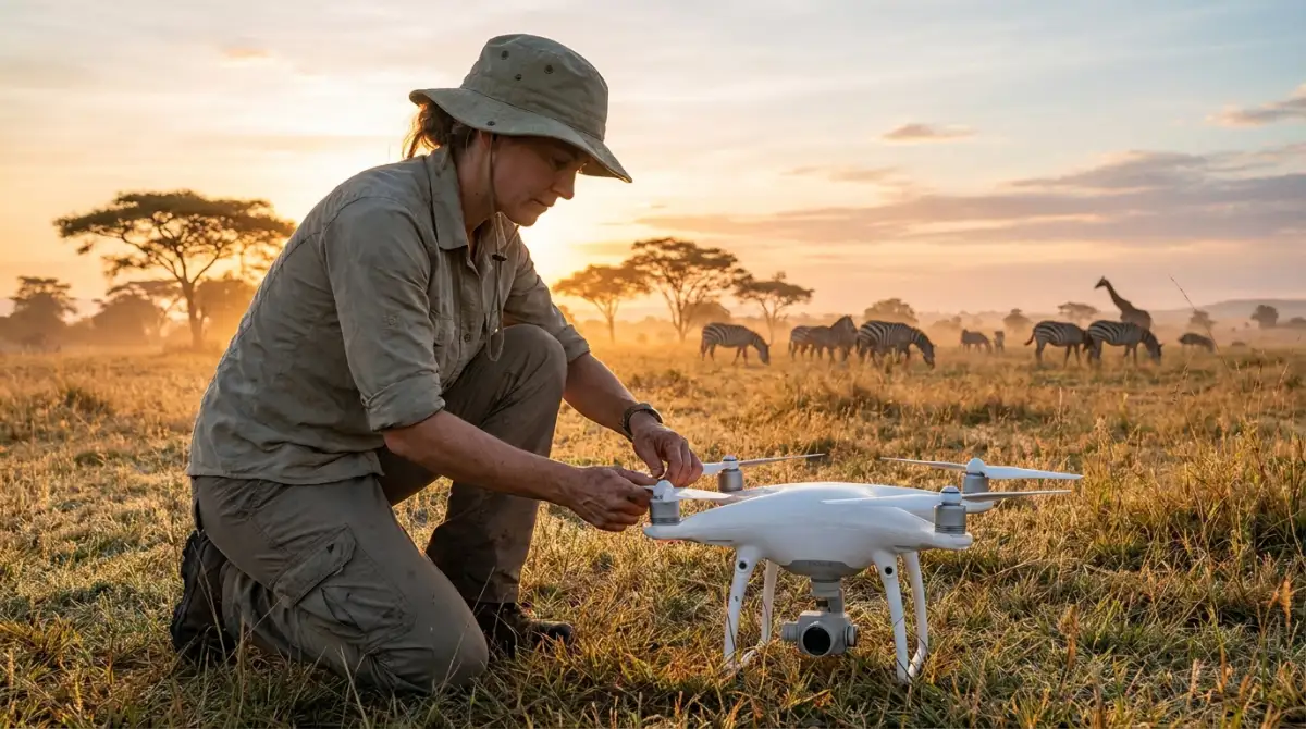 Conservation researcher in the field preparing a drone for a wildlife survey flight over a nature reserve at sunrise